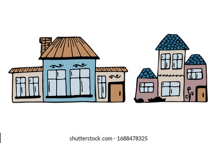 Set of two hand drawn colorful houses isolated on a white background. Doodle, simple outline illustration. It can be used for decoration of textile, paper.