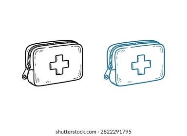 A set of two hand drawn first aid kit icons featuring a cross symbol and zipper in black and blue line art styles