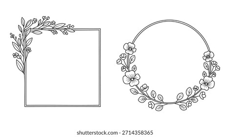 Conjunto de dos marcos florales dibujados a mano, decoración de esquina cuadrada y borde circular de corona, boceto de contorno negro