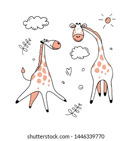 Set of two hand drawn giraffes with clouds, leaves, heart and sun. Doodle vector illustration on white background.