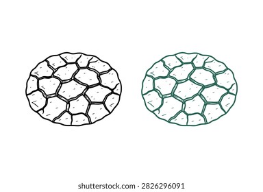 A set of two hand drawn illustrations showing cracked parched soil or dry ground texture in black and green outlines.
