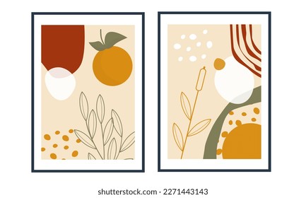 Set of two hand drawn leafs and orange fruits wall art. Boho aesthetic wall decoration for kids. Nordic wall print, poster, background, wallpaper, and home decor.
