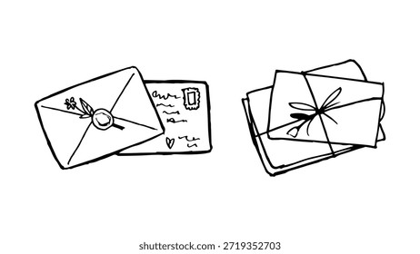 Conjunto de dos ilustraciones de arte de línea dibujadas a mano con sobre sellado y letras atadas apiladas. Elementos románticos del correo del doodle con el sello de la cera, la flor seca y el sello para la papelería y la marca