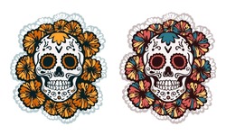 Set of two hand drawn linear decorated sugar skulls (Calavera) surrounded by marigold flowers isolated on white background for Dia de los Muertos (Mexican Day of the Dead)