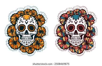 Set of two hand drawn linear decorated sugar skulls (Calavera) surrounded by marigold flowers isolated on white background for Dia de los Muertos (Mexican Day of the Dead)