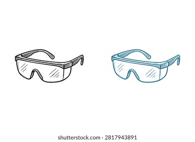 A set of two hand drawn safety goggles in black and blue outlines representing protective eyewear for science and construction work