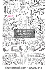 Set of two Hand drawn seamless doodle pattern with business symbols
