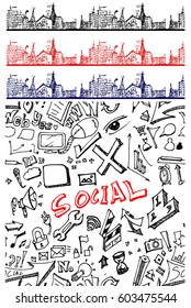 Set of two Hand drawn seamless doodle pattern with business symbols