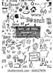 Set of two Hand drawn seamless doodle pattern with business, back to school symbols