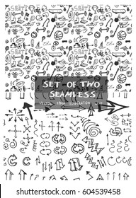Set of two Hand drawn seamless doodle pattern with arrow sport symbols