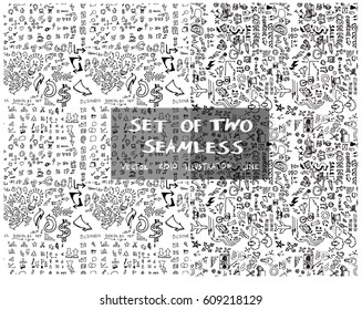 Set of two Hand drawn seamless doodle pattern with business symbol