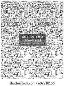 Set of two Hand drawn seamless doodle pattern with business symbol