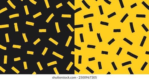 Set of two hand drawn square patterns, chaotic textured scratches on black and yellow background. Pencil textured strokes and dots, rain, vector sketch.