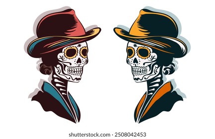 Set von zwei handgezeichneten Aufklebern mit Calavera Catrina im Profil mit einem breitrangigen Hut. Illustration von dekorierten mexikanischen weiblichen Schädeln auf weißem Hintergrund. Dia de los Muertos 