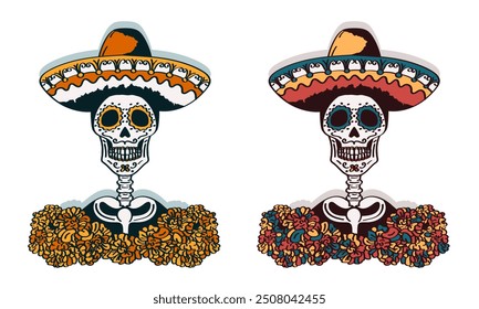 Set of two hand drawn stickers with a Calavera wearing a sombrero. Linear skeletons in Mexican hats surrounded by marigold flowers isolated on white background. Dia de los Muertos (Day of the Dead)