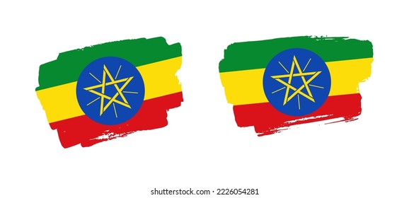 Conjunto de dos ilustraciones de la bandera de Etiopía pintadas a mano sobre fondo sólido