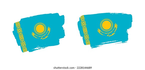 Conjunto de dos ilustraciones de la bandera de Kazajistán pintadas a mano sobre fondo sólido
