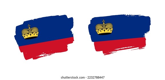 Conjunto de dos ilustraciones de la bandera de Liechtenstein pintadas a mano sobre fondo sólido