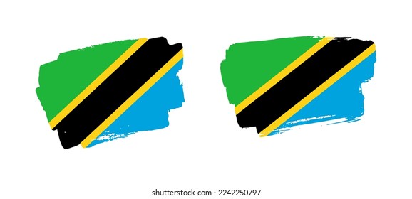 Set of two hand painted Tanzania brush flag illustration on solid background