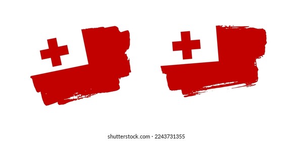 Conjunto de dos ilustraciones de la bandera Tonga pintadas a mano sobre fondo sólido