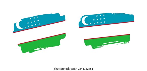 Set of two hand painted Uzbekistan brush flag illustration on solid background