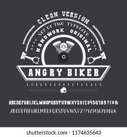 Set of two handcrafted fonts and alphabets. Biker club. The original handmade letters and numbers. Motorcycle theme.