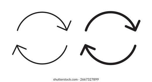 Set of two hand-drawn circular arrows rotating clockwise and counter-clockwise, isolated on white.