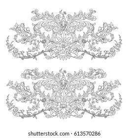 Set of two hand-drawn classical floral ornaments. Used for decoration, laser cutting, coloring. Template for design, embroidery. Vector 10 EPS illustration.