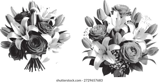 Conjunto de dois buquês florais desenhados à mão com lírios, rosas e tulipas em um estilo de gravura em preto e branco detalhado. Isolado no fundo branco, ilustração botânica vintage para convites de casamento, cartões de saudação e decoração floral.