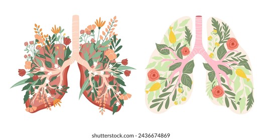 Set of two handdrawn human lungs full of colourful gentle flowers and leaves. Vector illustration for no smoking day design.