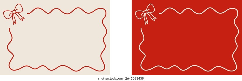 Set of two hand-drawn rectangular frames with red wavy lines and a bow in the top-left corner. Ideal for romantic cards, packaging, and festive design projects. Vector EPS 10