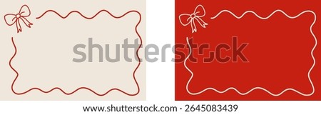 Set of two hand-drawn rectangular frames with red wavy lines and a bow in the top-left corner. Ideal for romantic cards, packaging, and festive design projects. Vector EPS 10