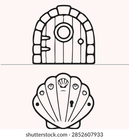 A set of two hand-drawn vector illustrations featuring a rustic arched wooden door and a decorative seashell-shaped portal with a keyhole.