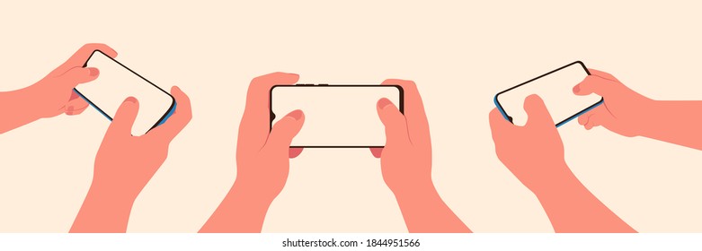 Set two hands holding horizontally smartphone in isometric isolated. Mobile gaming concept