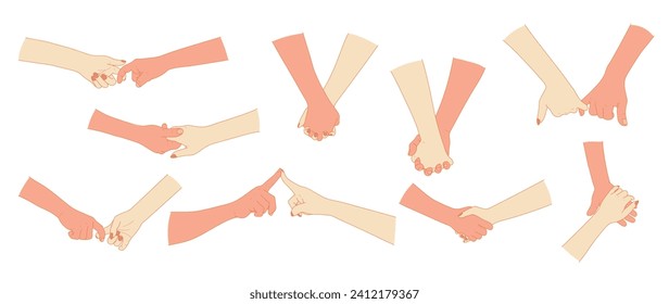 set of Two hands holding together, Different gestures,love relationship concept,for lover or Valentine's Day graphic design,vector illustrations isolated on white background