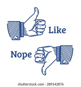 Set of two hands with thumb fingers up and down illustrated in retro style. Like and dislike icon isolated on white background. Retro thumb like symbol for social media blue button 