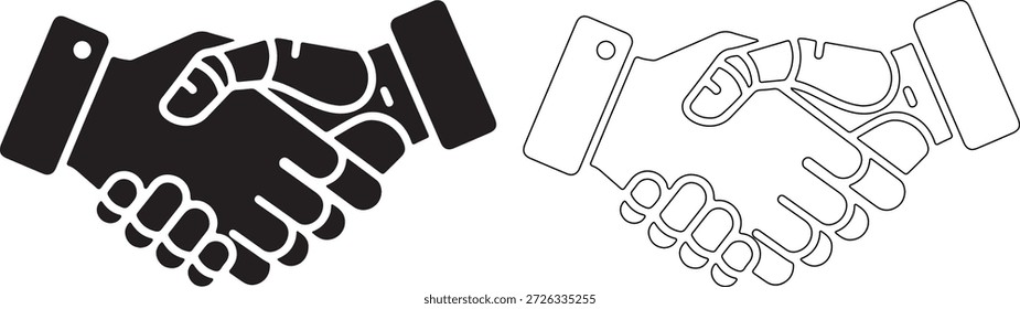 Um conjunto de dois ícones de aperto de mão, um preto sólido e um esboçado, representando parceria e acordo, sobre um fundo branco