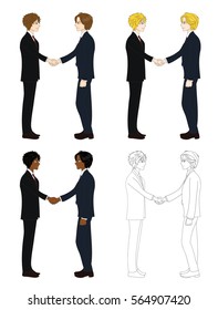 Set Two Handsome Business Men Handshake. Full Body Vector Illustration isolated on White Background