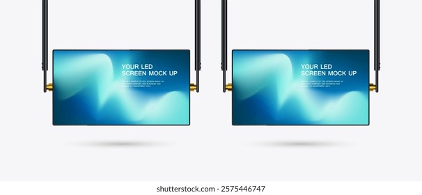 Set of Two Hanging LED Screens Mockup with gradient blue screen. A hanging technology LED Screen Mockup in 3Ds. two editable LEDs vector Illuminated TV lightbox with empty space for design.