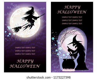 Set of two Happy Halloween greeting card templates with witches, vector illustration. 