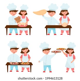 Set of two happy kids making pizza. Step by step. Cute smiling boy and girl cooking together. Children with white chief hats. Cartoon style vector illustration, isolated on white.