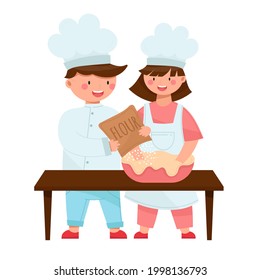 Set von zwei glücklichen Kindern, die Teig für Pizza, Brot oder Kekse machen.Lächelnd Junge und Mädchen kochen zusammen. Kinder mit weißem Oberhut. Vektorgrafik im Cartoon-Stil, einzeln auf Weiß.
