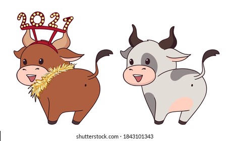 Set of two happy little cow wearing Christmas hat and scarf. Hand drawn vector illustration for children coloring book. Symbol of the Year 2021 isolated on white background.