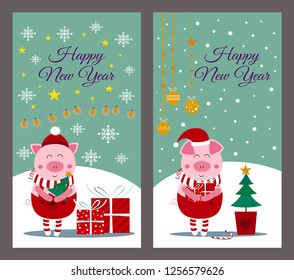 Set of two happy new year card with cute pig,piglet elf with snow,snowflake,gift,present,christmas tree,christmas ball and christmas light on green background
