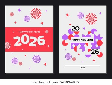 Set von zwei Happy New Year 2026 Poster-Vorlagen. Sammlung moderner Grafikdesign-Layouts mit abstrakten geometrischen Formen und Feuerwerk für eine Feiertagsparty