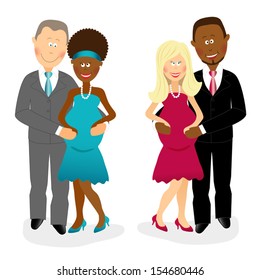 Set of two happy smiling pregnant couples