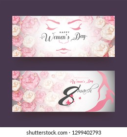 Set of two header or banner design with beautiful flowers and stylish lettering of 8 march women's day.