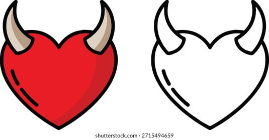 Um conjunto de dois ícones cardíacos com chifres do diabo. Um é um coração vermelho sólido com chifres, e o outro é uma versão em contorno preto do mesmo design. Ambos são apresentados claramente isolados sobre um fundo branco puro.