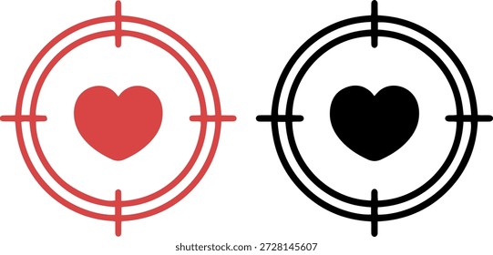 Conjunto de dois ícones de coração dentro mira mira em cores vermelhas e pretas para metas românticas e tema Dia dos Namorados