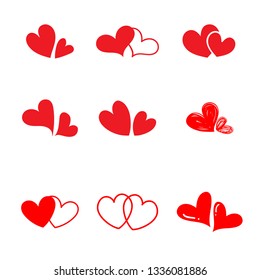 Set of two heart red color. Love concept. Element for a wedding card or Valentine day. Vector illustration isolated on white background.
